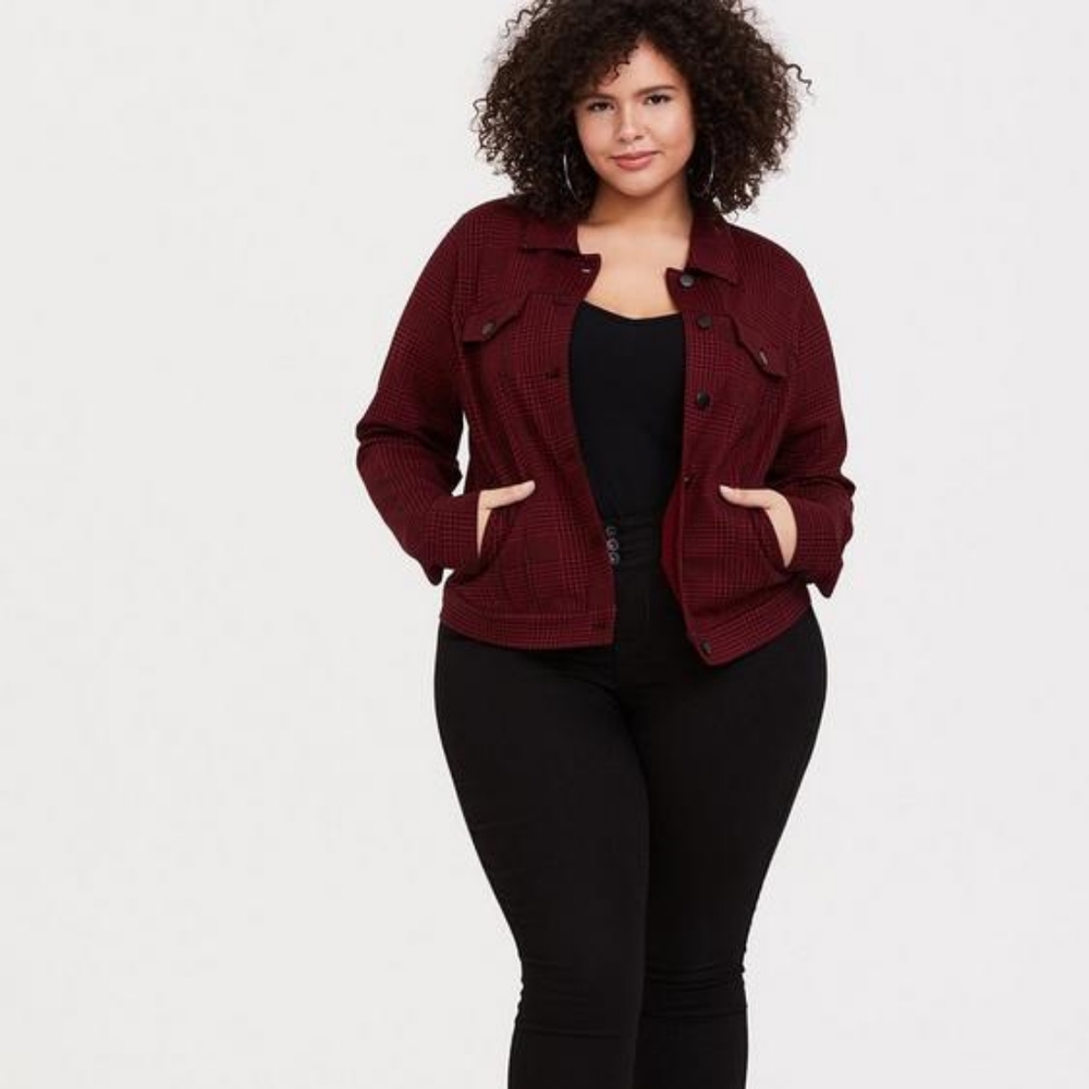 Red & Black Plaid Ponte Crop Trucker Jacket